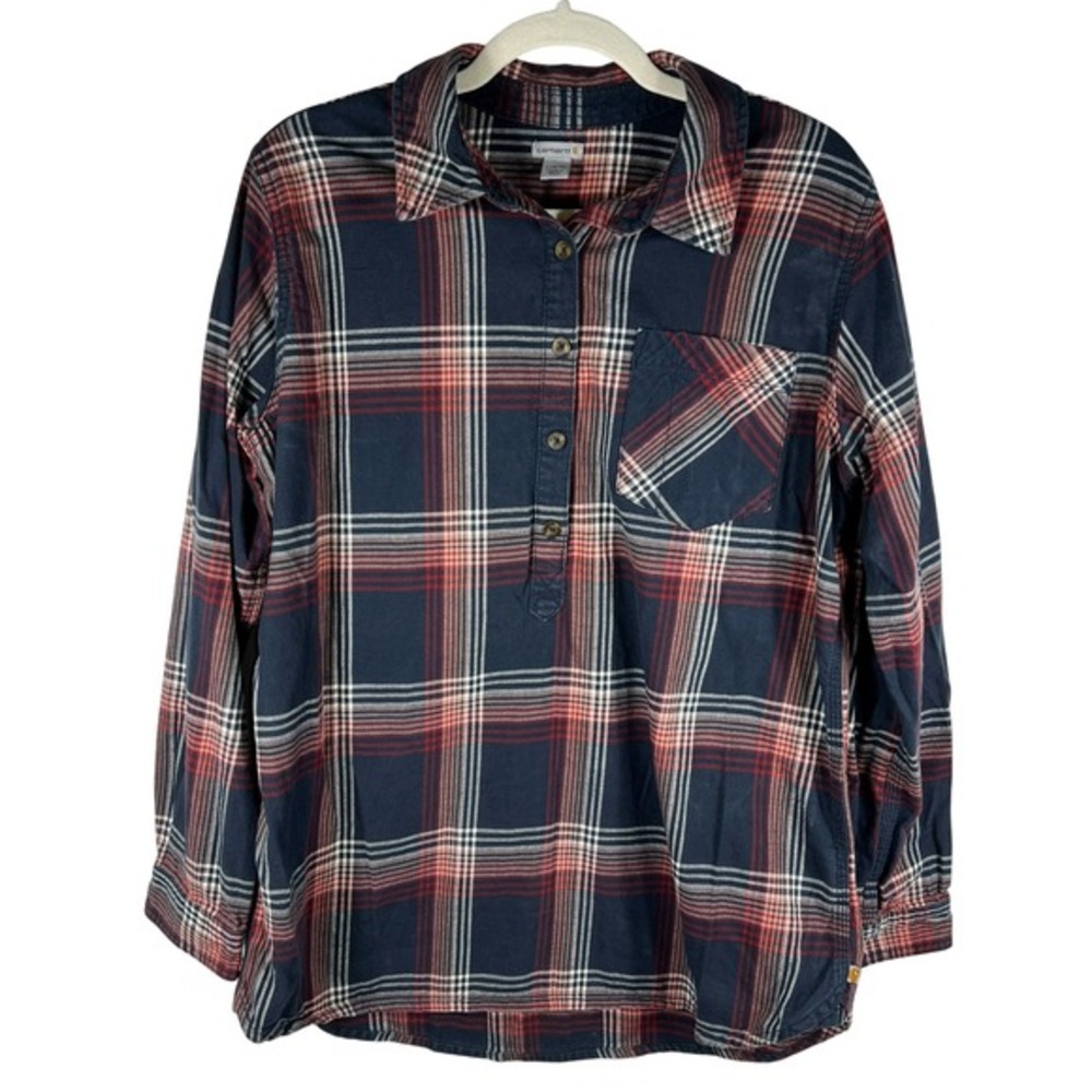 Carhartt Farwell Pullover Henley Flannel Shirt Large Navy Red Plaid Work Utility